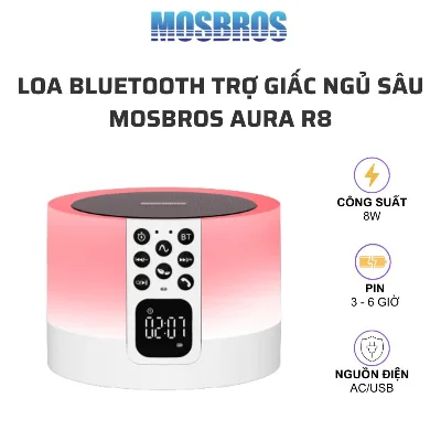 Loa bluetooth đèn ngủ MOSBROS AURORA R8 - Công suất 8W, 30 âm thanh ru ngủ, đèn trắng 3 mức, chạy điện hoặc USB