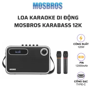 Loa karaoke di động MOSBROS Karabass 12K - Công suất 120W, loa 3 chiều 2.1 kênh, 2 micro 5 chế độ hát, pin 12000mAh, vỏ da retro