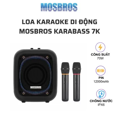 Loa karaoke di động MOSBROS Karabass 7K - Công suất 70W, màng loa 133mm, 2 micro không dây UHF, pin 12000mAh, chống nước IPX6