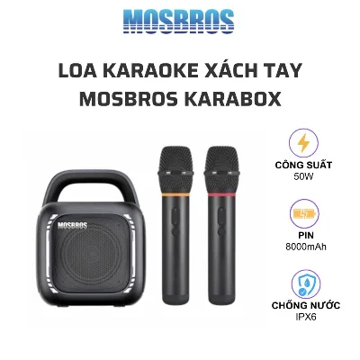 Loa karaoke xách tay MOSBROS Karabox - Công suất 50W, 2 micro UHF 3 chế độ, pin 8000mAh kiêm sạc dự phòng, chống nước IPX6